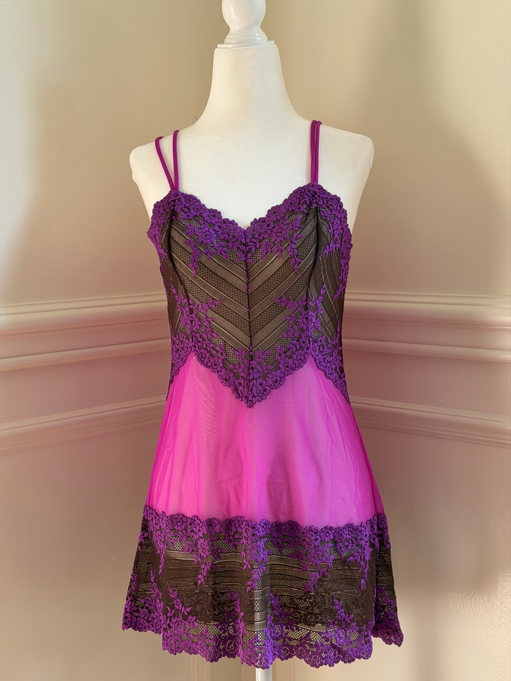 Wacoal Purple & Chocolate Brown Lace Trim Chemise Slip Dress